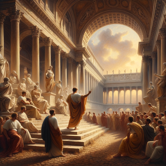 Roman philosopher in a pallium talking in a historical forum with majestic architecture as the backdrop, inspired by 1960s epic films.