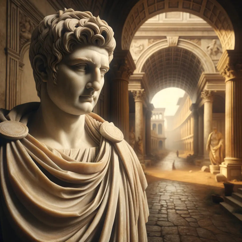 Marble statue of a Roman citizen in a toga with intricate folds, set in an ancient Roman forum setting.