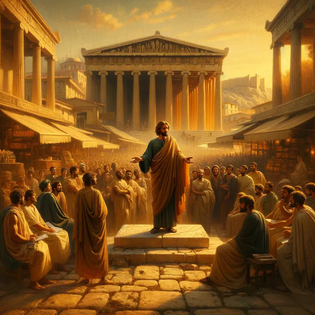 Zeno of Citium teaching in an Athenian marketplace, surrounded by attentive students, with the Acropolis in the background, reminiscent of 1960s historical films.