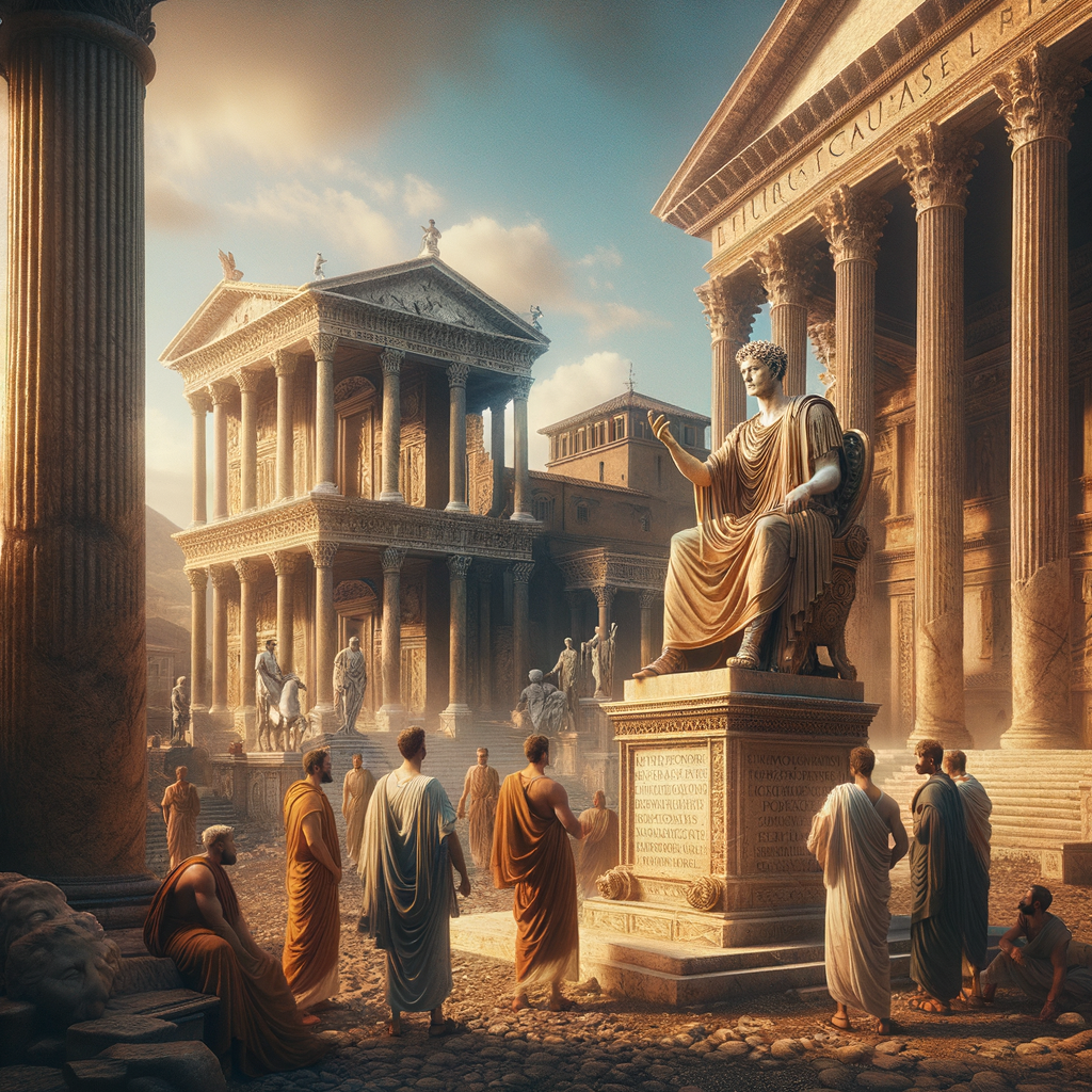A majestic statue of Marcus Aurelius in ancient Rome, surrounded by Roman architecture, symbolizing Stoic wisdom and leadership.