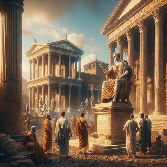 A majestic statue of Marcus Aurelius in ancient Rome, surrounded by Roman architecture, symbolizing Stoic wisdom and leadership.