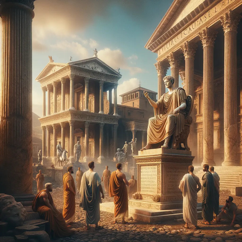 A majestic statue of Marcus Aurelius in ancient Rome, surrounded by Roman architecture, symbolizing Stoic wisdom and leadership.