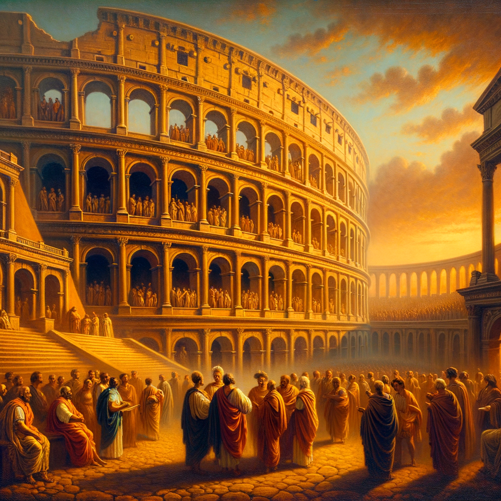 Ancient Roman coliseum at sunset with figures in discussion, reflecting a philosophical and cultural renaissance.