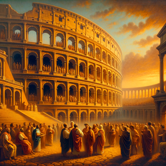 Ancient Roman coliseum at sunset with figures in discussion, reflecting a philosophical and cultural renaissance.