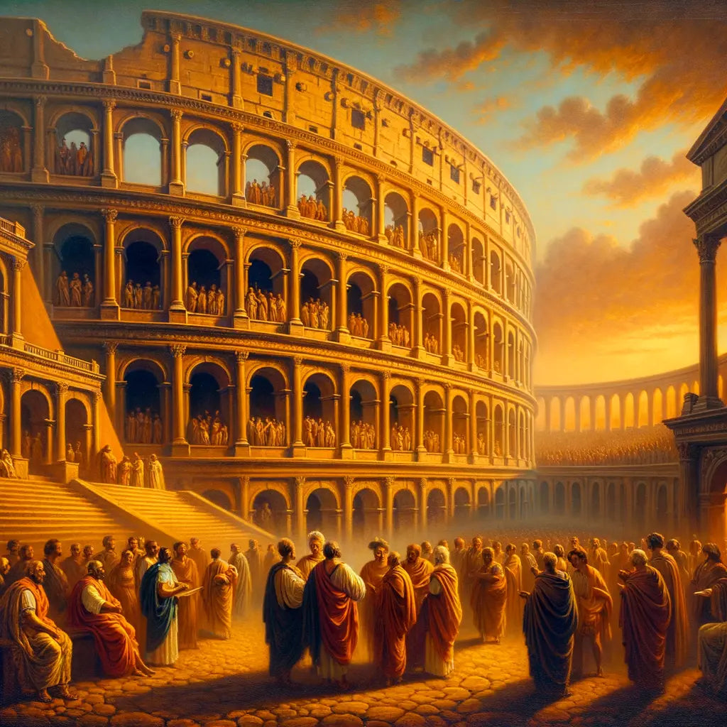 Ancient Roman coliseum at sunset with figures in discussion, reflecting a philosophical and cultural renaissance.
