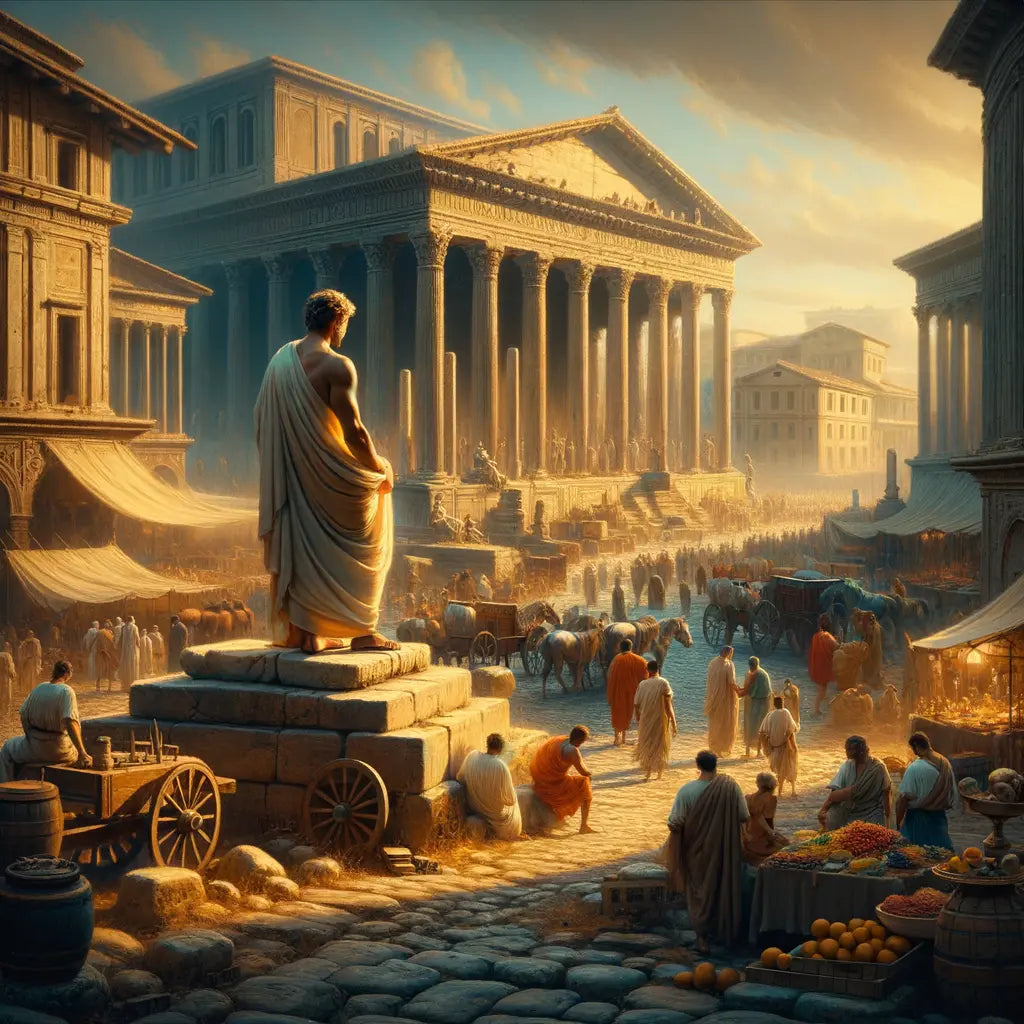 A Stoic philosopher walking calmly in a bustling Roman forum, surrounded by merchants and citizens, evoking serenity and emotional control in a 1960s epic style.