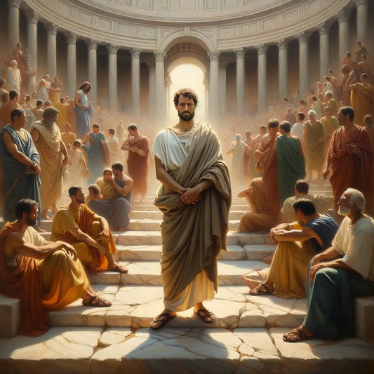 Roman philosopher standing calmly amidst chaotic scene in a forum, representing stoic resilience.