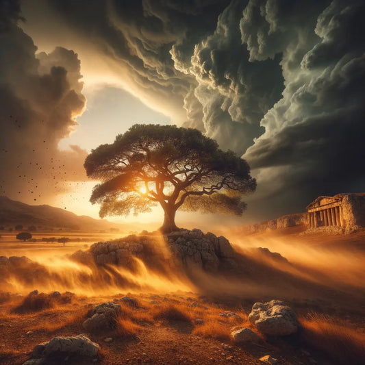 A strong tree standing unyielding amidst strong winds in an ancient Roman landscape, capturing the theme of resilience, inspired by the aesthetic of 1960s historical epic films.