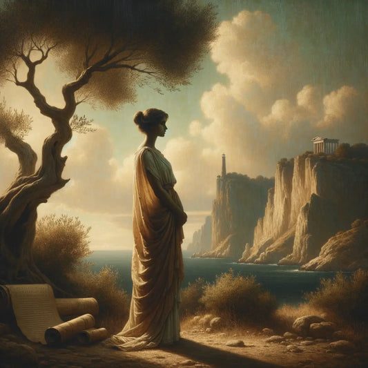 A thoughtful Roman woman in a serene setting, surrounded by an ancient tree and a lighthouse, embodying Stoic virtues, styled like a 1960s historical epic.