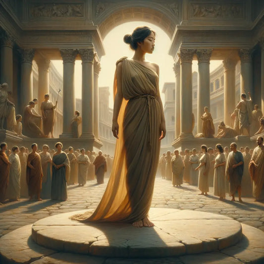 A serene Roman woman in a toga stands calmly amidst a lively forum scene, exuding wisdom and strength, inspired by 1960s historical epic films.