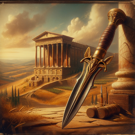 An intricately carved Roman gladius set against a Roman countryside landscape, with marble structures and vineyards, inspired by classic Roman historical epics.