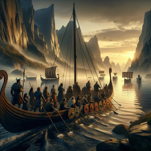 A Viking longboat on a misty fjord with warriors preparing for adventure.