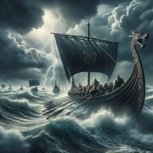 Viking longboat with dragon prow in stormy seas, inspired by the style of classic historical films of the 1960s.