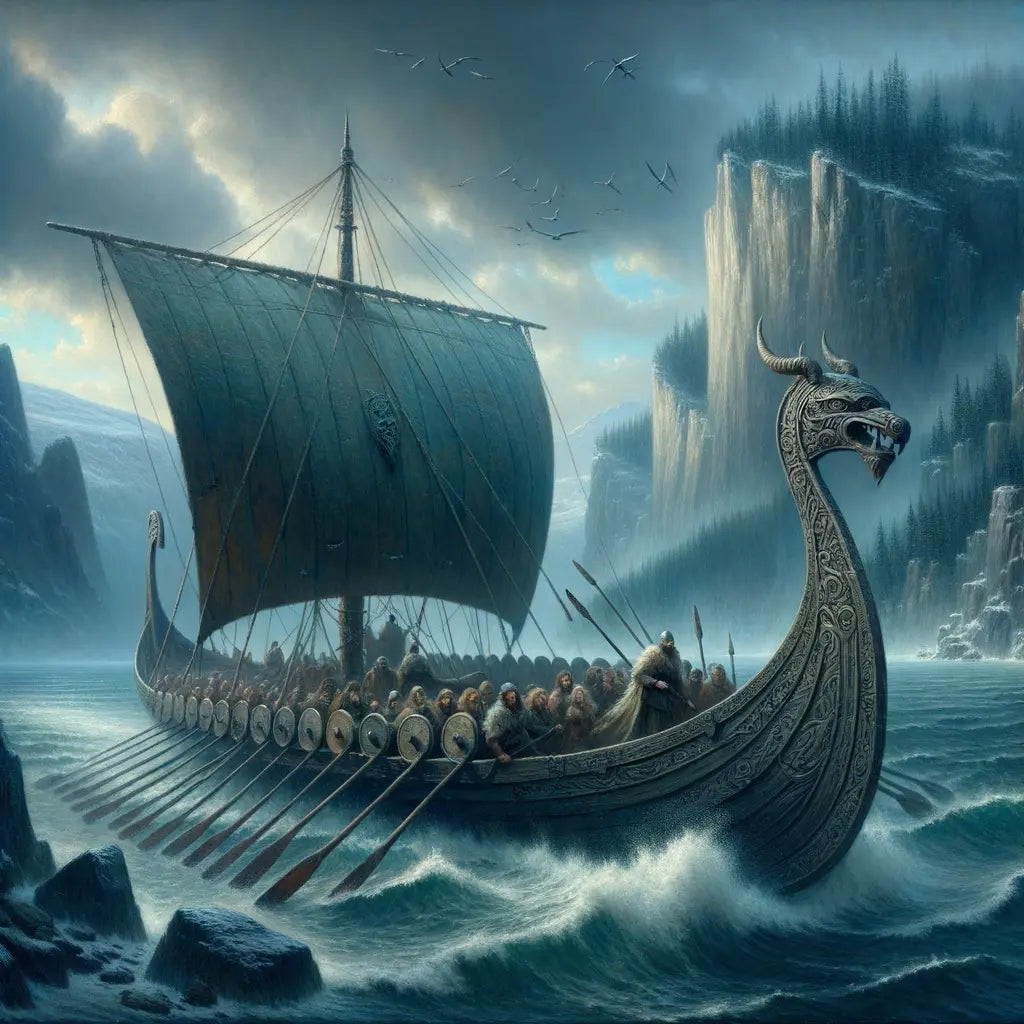 Viking longship with dragon head sailing through misty Scandinavian waters, reflecting the adventurous Viking Age spirit.