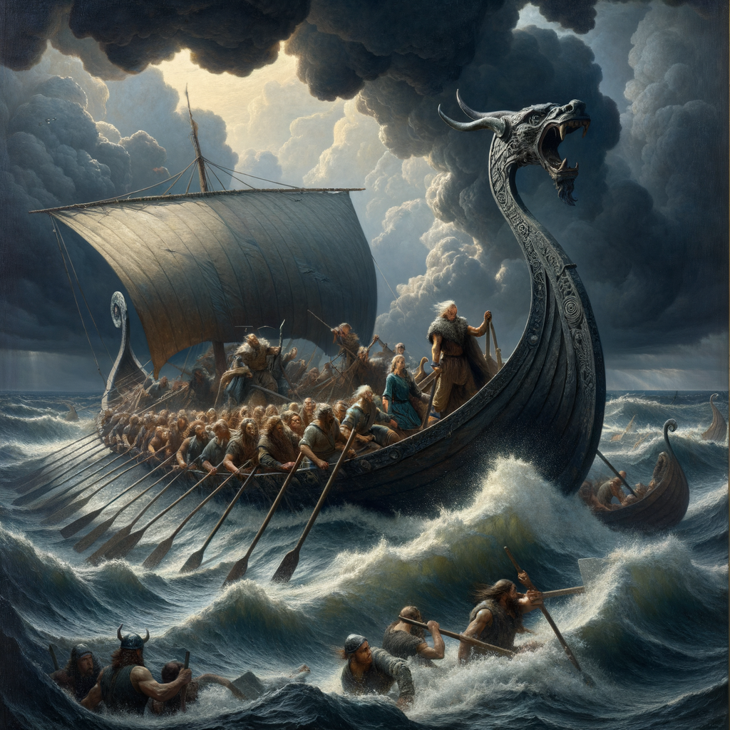 A Viking longship with a dragon-headed prow sails through choppy seas under a dramatic sky, evoking the age of exploration, in a style reminiscent of classic historical films.