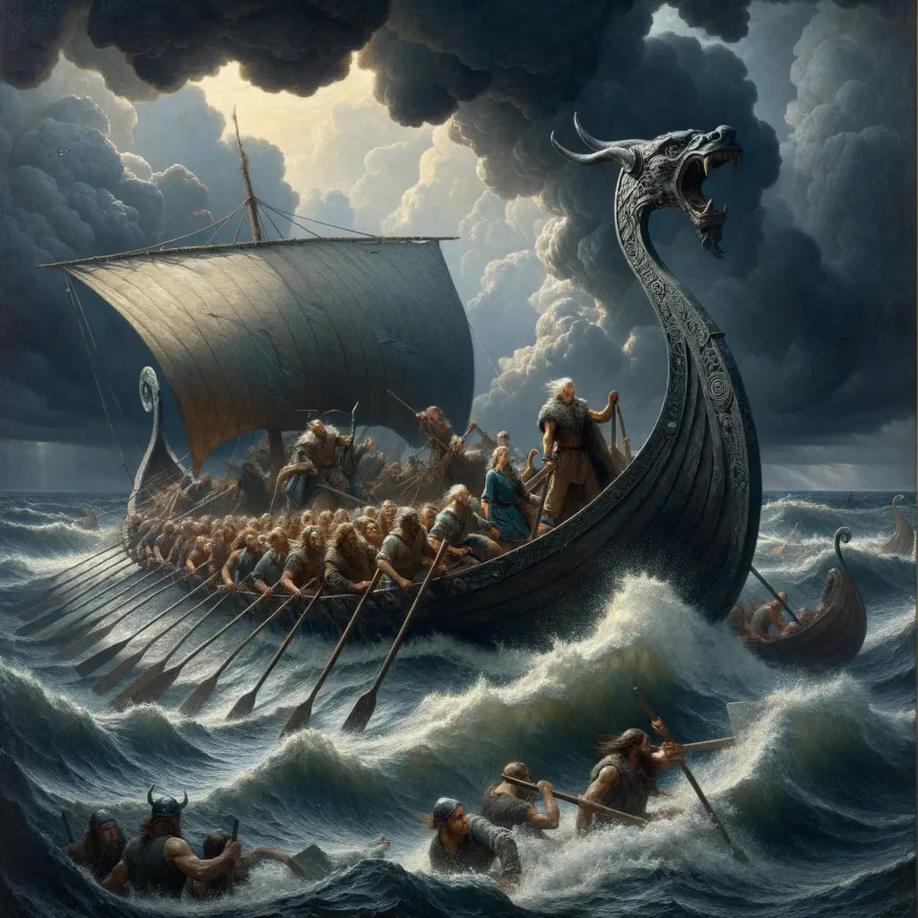 A Viking longship with a dragon-headed prow sails through choppy seas under a dramatic sky, evoking the age of exploration, in a style reminiscent of classic historical films.
