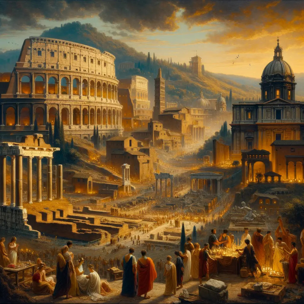 A picturesque cityscape of ancient Rome showcasing grand structures and signs of decay, capturing the empire's splendor and impending decline in a classic cinematic style.
