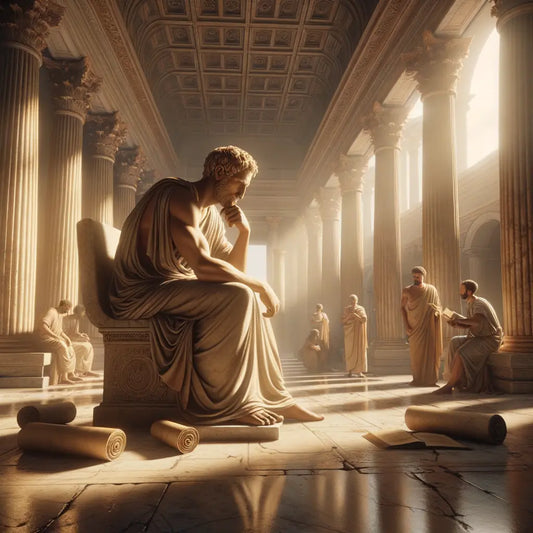 A Roman philosopher in a forum, symbolizing Marcus Aurelius' wisdom, depicted in a 1960s historical film style.