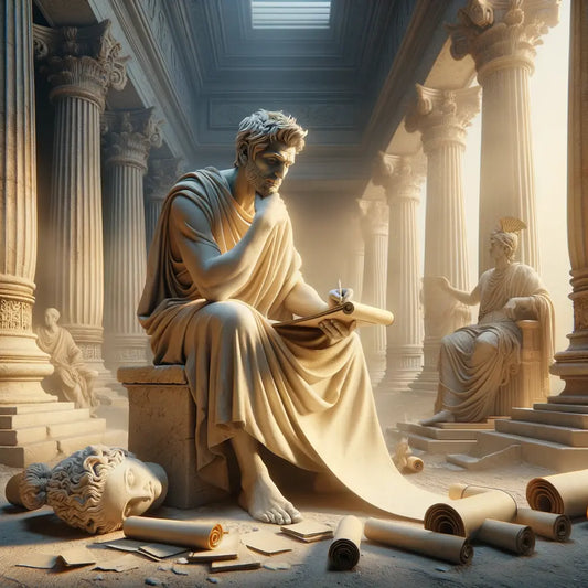 Roman philosopher writing amidst scrolls and classical columns, reflecting wisdom and timeless philosophy, inspired by 1960s historical film epics.
