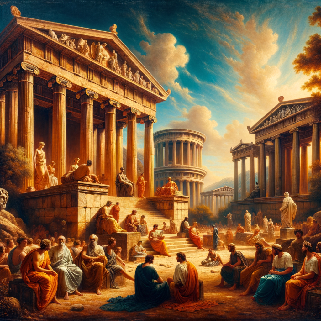 Ancient Greek landscape with philosophers under clear sky, inspired by 1960s historical films.