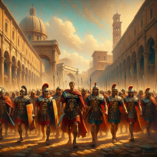 Roman legionaries march in unison with gladius swords in ancient Rome, inspired by 1960s historical films.