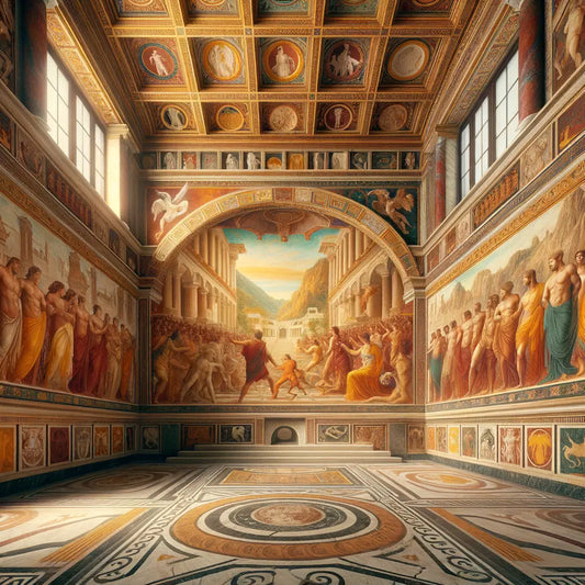 Panoramic view of a vibrant Roman fresco in a Pompeian villa depicting gods and goddesses, showcasing vivid colors and detailed Roman artistry, inspired by the style of classic historical films of the 1960s.