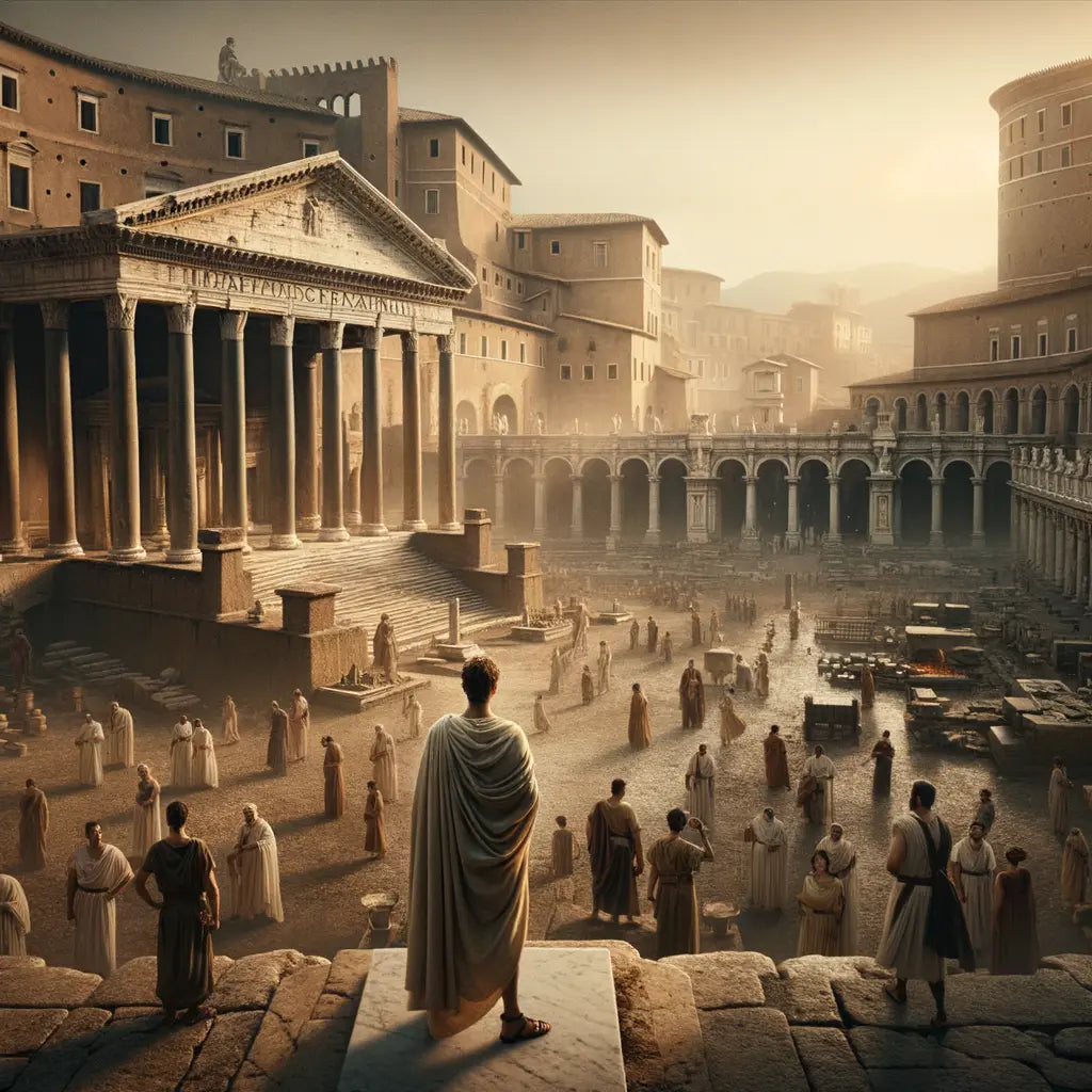 Panoramic view of ancient Rome with Marcus Aurelius in calm amidst the bustling forum, inspired by 1960s historical epics.