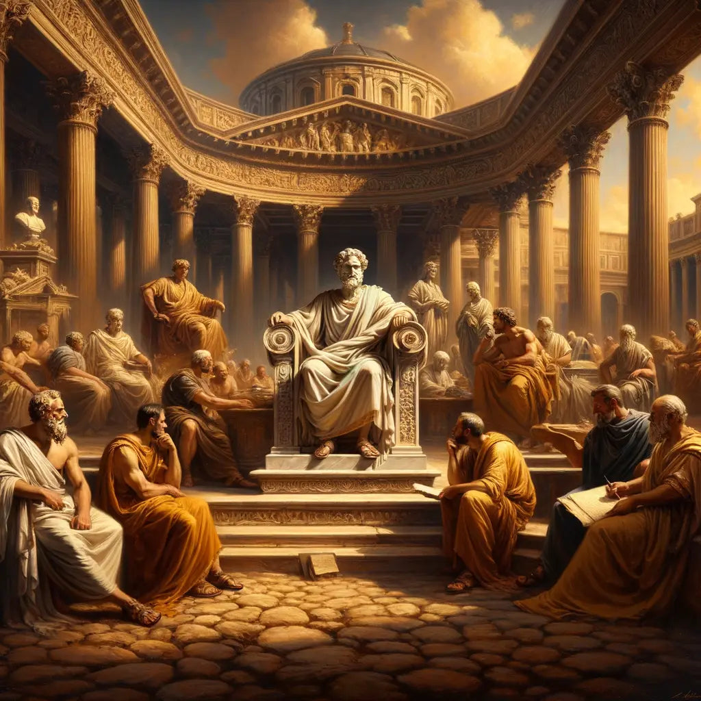 Marcus Aurelius seated in the Roman Forum, surrounded by classical architecture and engaged in discourse with fellow citizens, embodying Stoic wisdom in a 1960s epic film style.