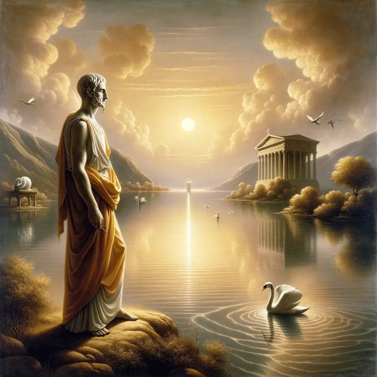 A serene Roman philosopher stands by a tranquil lake with a swan gliding across, while a lighthouse shines through the fog, symbolizing Stoic calm, in a 1960s historical epic painting style.