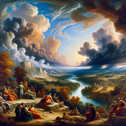 Roman philosophers contemplate a stormy landscape with a calm river, in a style evoking 1960s historical epics.