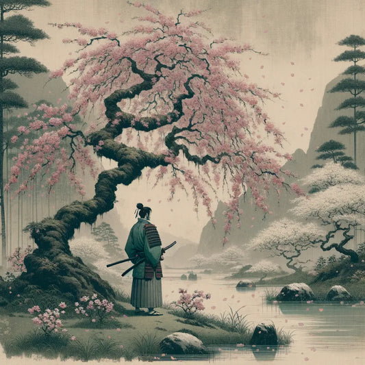 Ein traditionelles Bild im Stil von Ukiyo-e, zeigt einen Samurai unter einem blühenden Kirschbaum in einem Zen-Garten, mit sanftem Licht und schwebenden Blütenblättern.