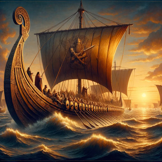 A Viking longship sailing into a sunset, with passengers enjoying drinks on deck, blending ancient and modern elements in a luxurious seafaring scene, styled after 1960s epic films.