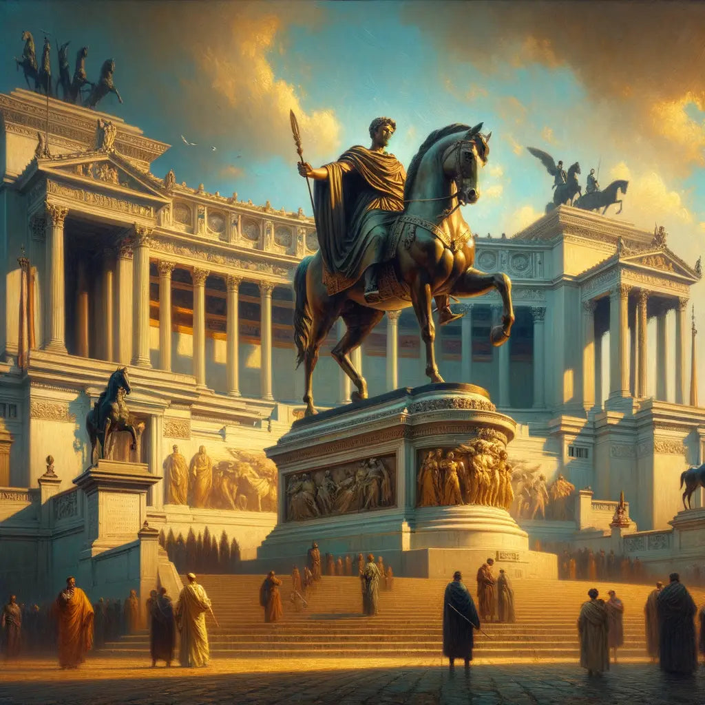 Equestrian Statue of Marcus Aurelius on Capitoline Hill, Rome, painted in the style of 1960s historical films, with grand Roman architecture in the background.