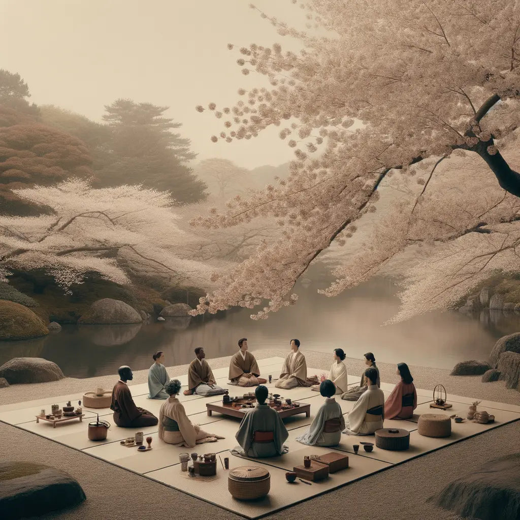 Ein minimalistisches Bild von blühenden Kirschblüten in einem ruhigen Park, mit Menschen, die ein Hanami-Picknick genießen — harmonisch, frühlingshaft und kulturell inspiriert.
