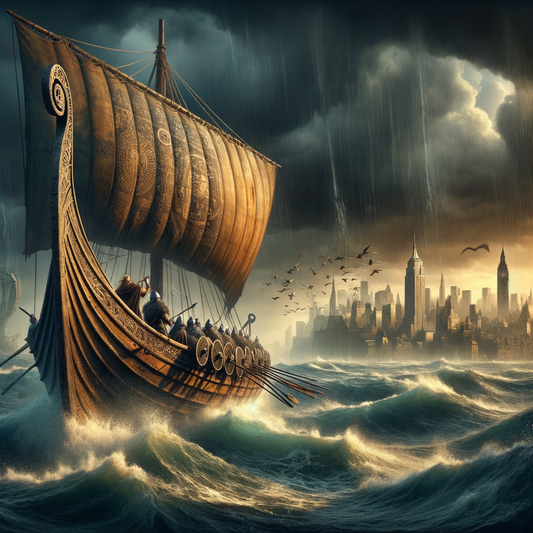 Viking longship at sea amidst stormy weather, contrasted with a Nazi propaganda banner in the background, symbolically contrasting resilience and ambition in cinematic 1960s style.