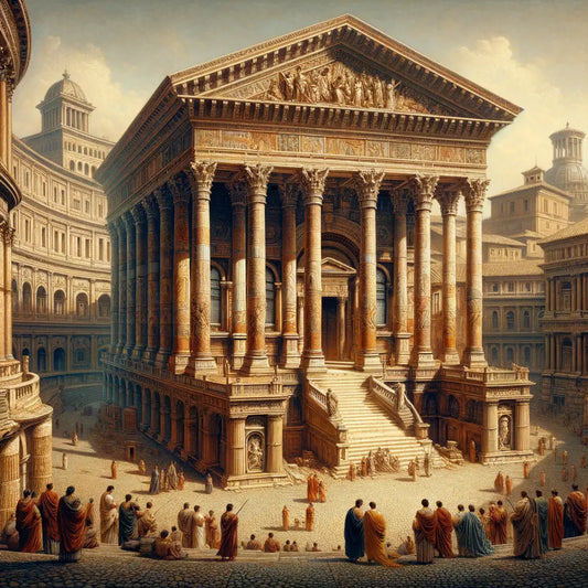 Classic Roman architecture scene with towering columns and arches, citizens engaged in discourse in a plaza, inspired by 1960s historical epic films.