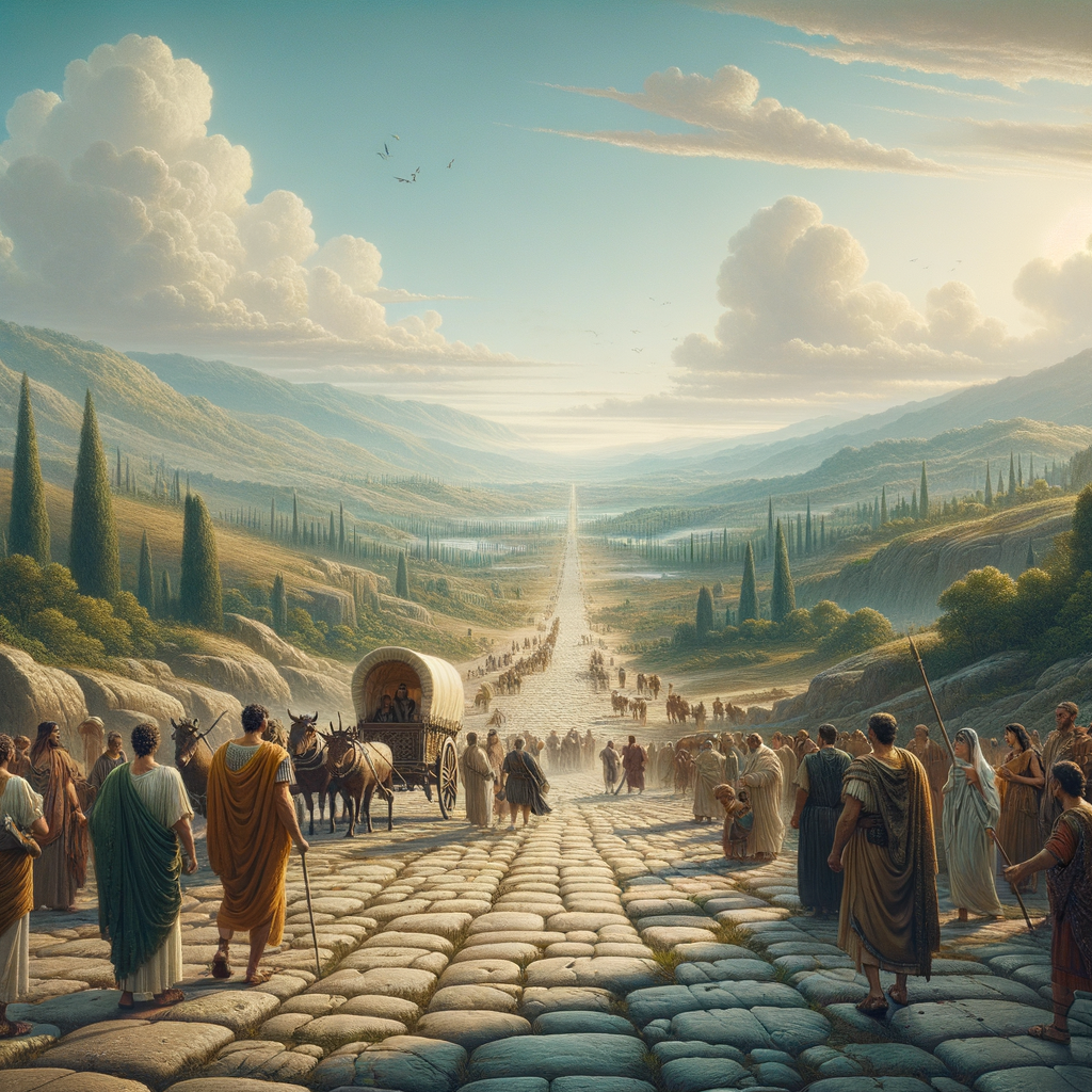 The Ancient Appian Way in Rome surrounded by greenery under a clear blue sky, inspired by 1960s historical epic films.