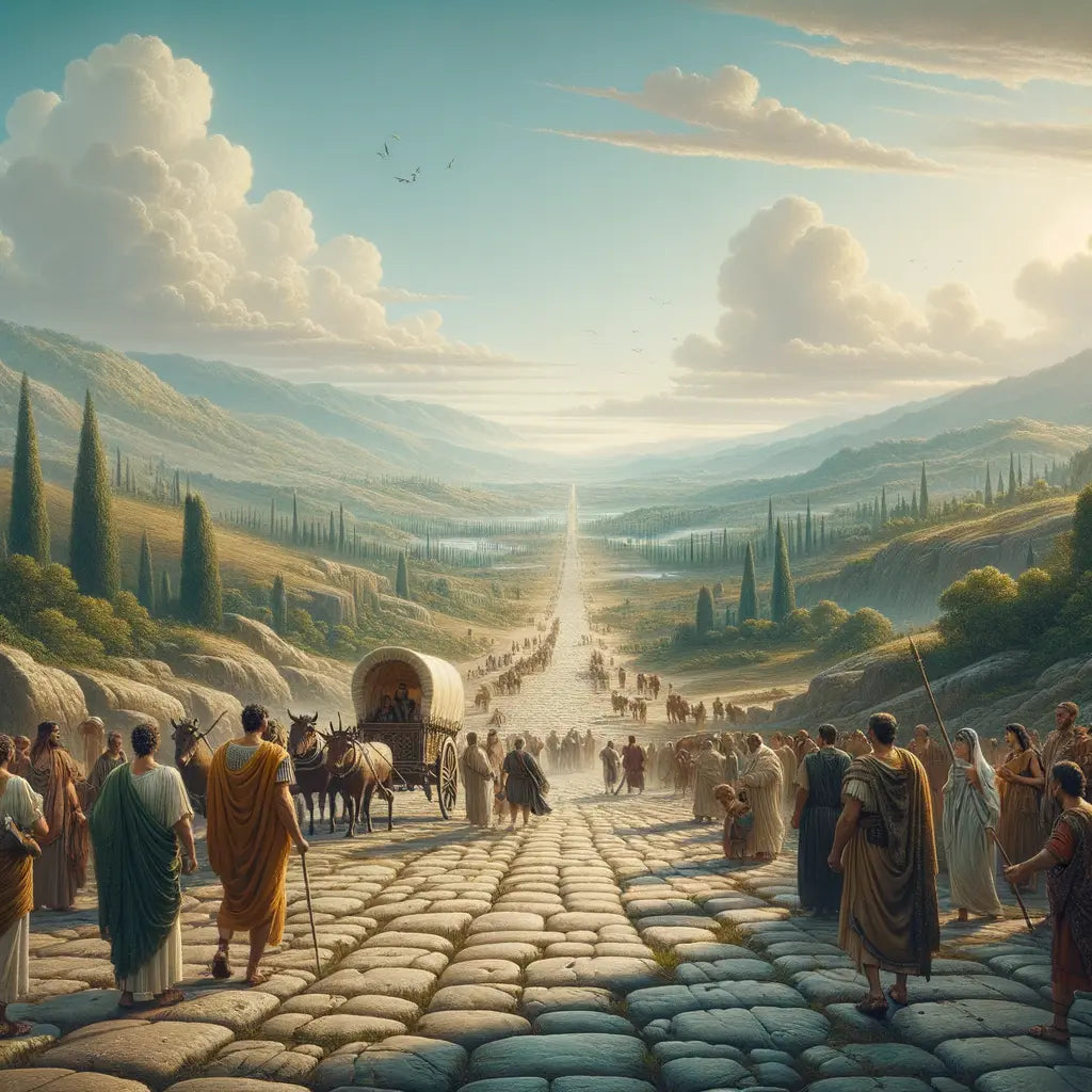 The Ancient Appian Way in Rome surrounded by greenery under a clear blue sky, inspired by 1960s historical epic films.