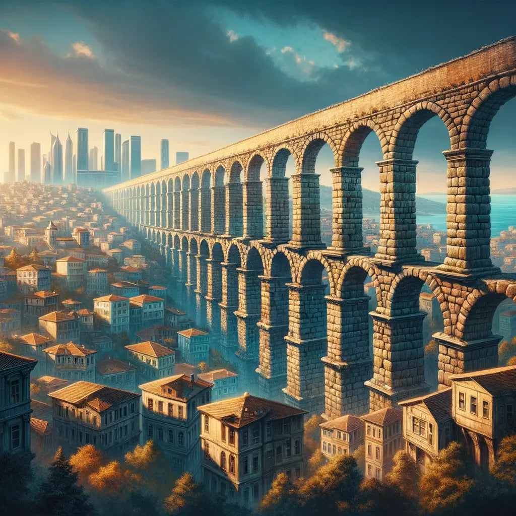 Aqueduct of Valens arches over modern Istanbul's skyline, blending ancient Roman architecture with urban life in a style reminiscent of classic historical films.