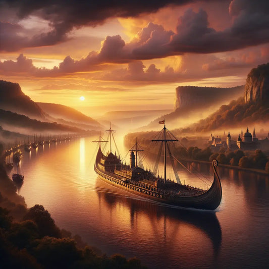 A Viking River Cruise ship travels peacefully down a European river at sunset, with the colorful sky reflected in calm waters.