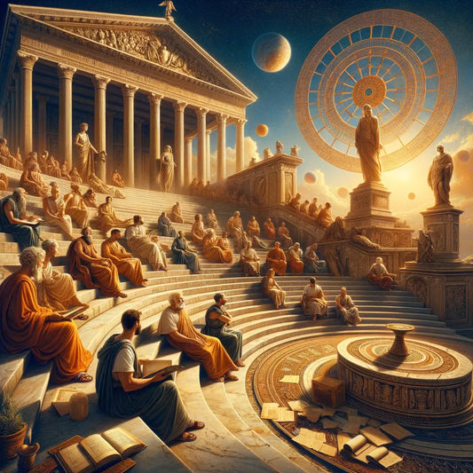 An allegorical scene of Roman philosophers depicting fate and life's journey, set in a sunlit amphitheater, styled like a 1960s historical film.