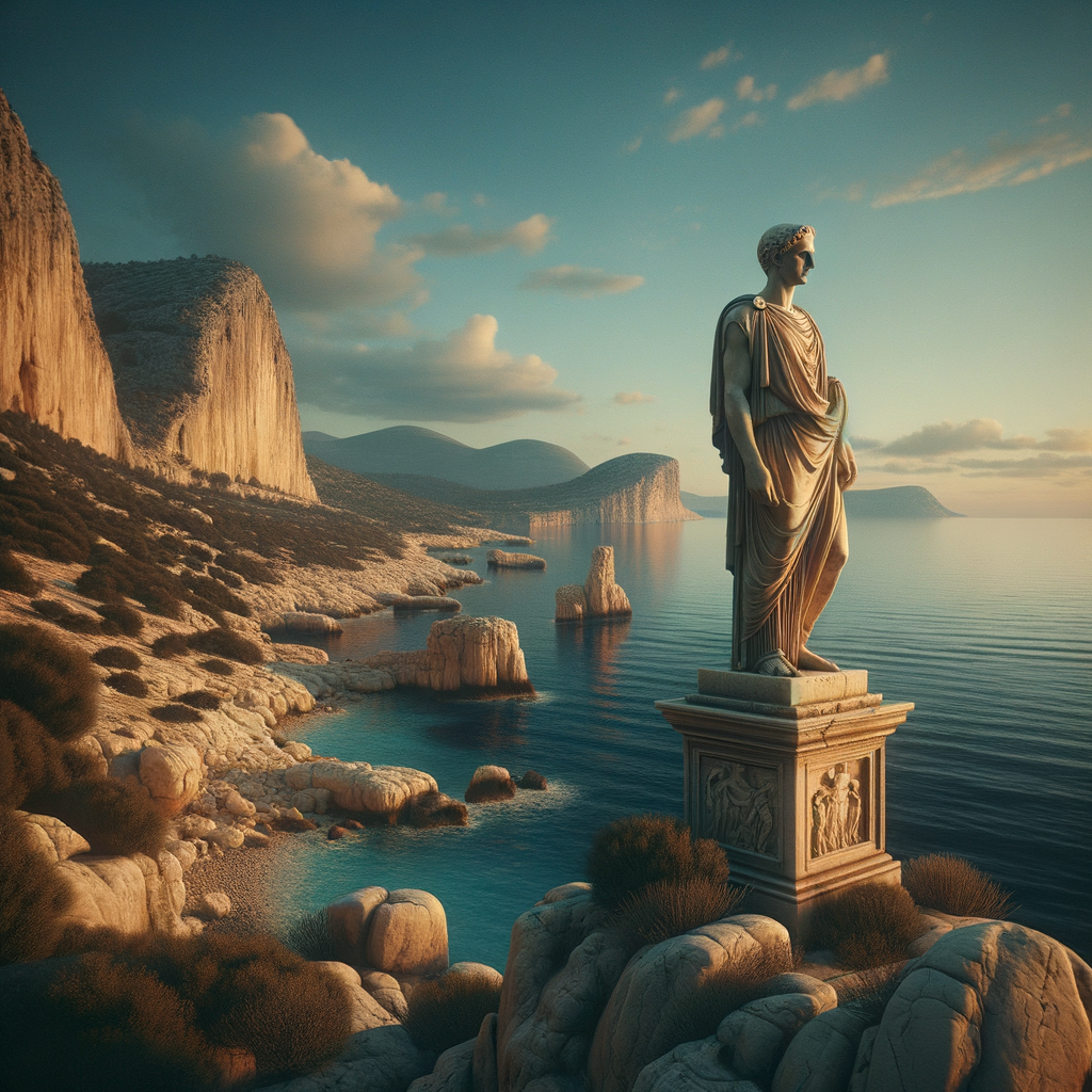 An ancient Greek statue symbolizing wisdom stands against a tranquil seaside landscape with gentle waves, painted in a classical cinematic style reminiscent of a 1960s epic film.