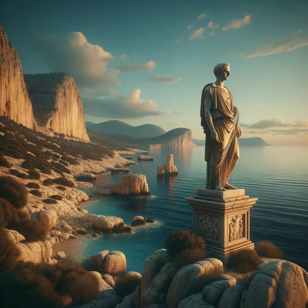 An ancient Greek statue symbolizing wisdom stands against a tranquil seaside landscape with gentle waves, painted in a classical cinematic style reminiscent of a 1960s epic film.