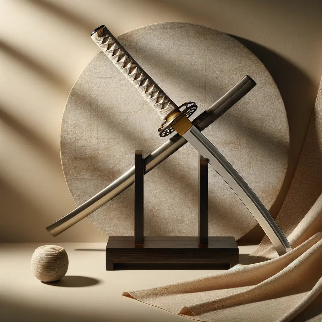 Ein minimalistisches Bild eines kunstvoll gefertigten Katana auf einem Holzständer, das japanisches Erbe und Kampfsporttradition symbolisiert.