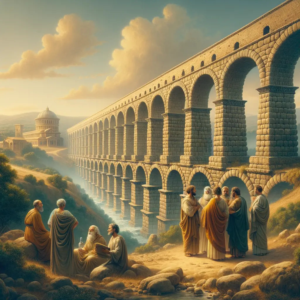 Roman aqueduct in a serene landscape, symbolizing strength and wisdom, with philosophers engaged in discussion nearby, in the style of 1960s historical epics.