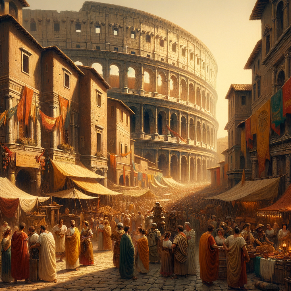 A vibrant Roman festival scene with the Colosseum in the background, featuring ancient political figures and citizens in traditional attire, inspired by 1960s historical epics.