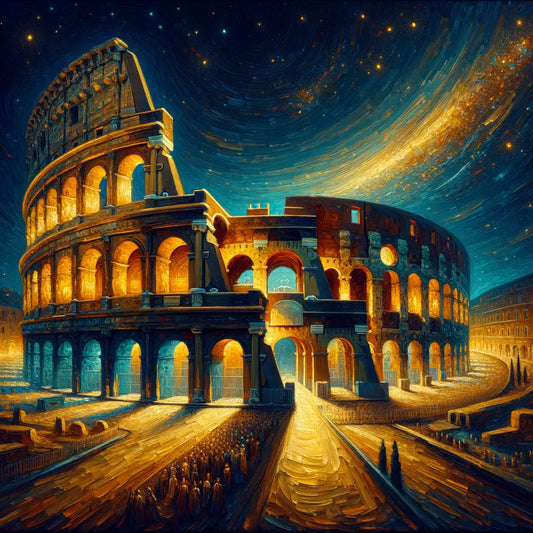 Illuminated Colosseum at night with starry sky, inspired by 1960s historical film style.