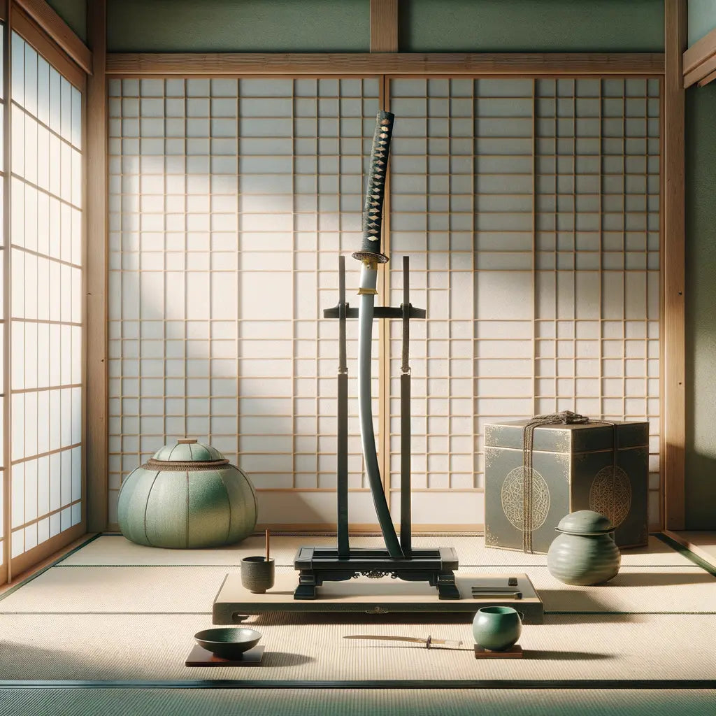 Ein elegantes, traditionelles Katanaschwert in einem ausgewogenen japanischen Raum mit antiken Artefakten und sanftem Licht.