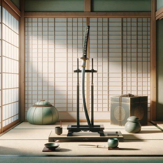 Ein elegantes, traditionelles Katanaschwert in einem ausgewogenen japanischen Raum mit antiken Artefakten und sanftem Licht.