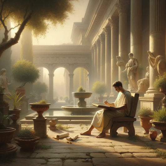 Person practicing mindfulness and journaling in a serene Roman garden, in a style reminiscent of classic historical epics of the 1960s.